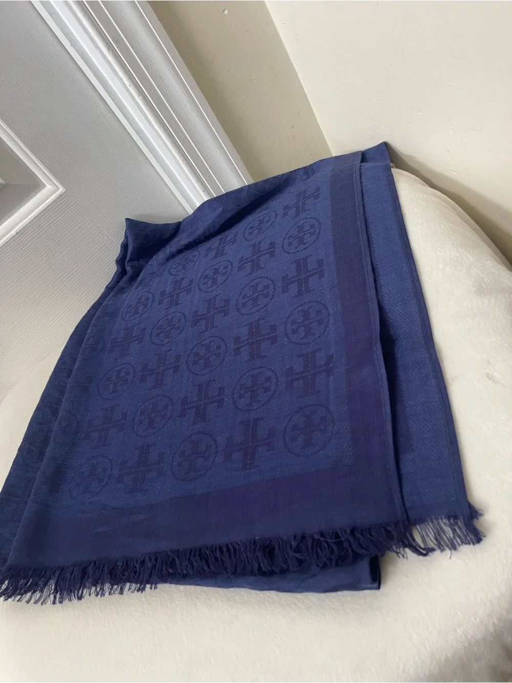 Tory Burch Navy Logo Jacquard Scarf